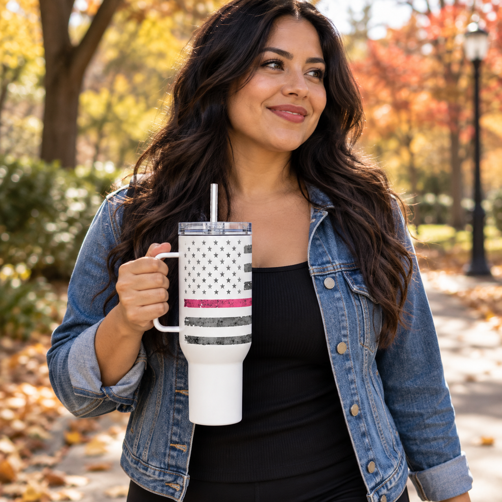 Thin Pink Line Breast Cancer Awareness Travel Mug with Handle