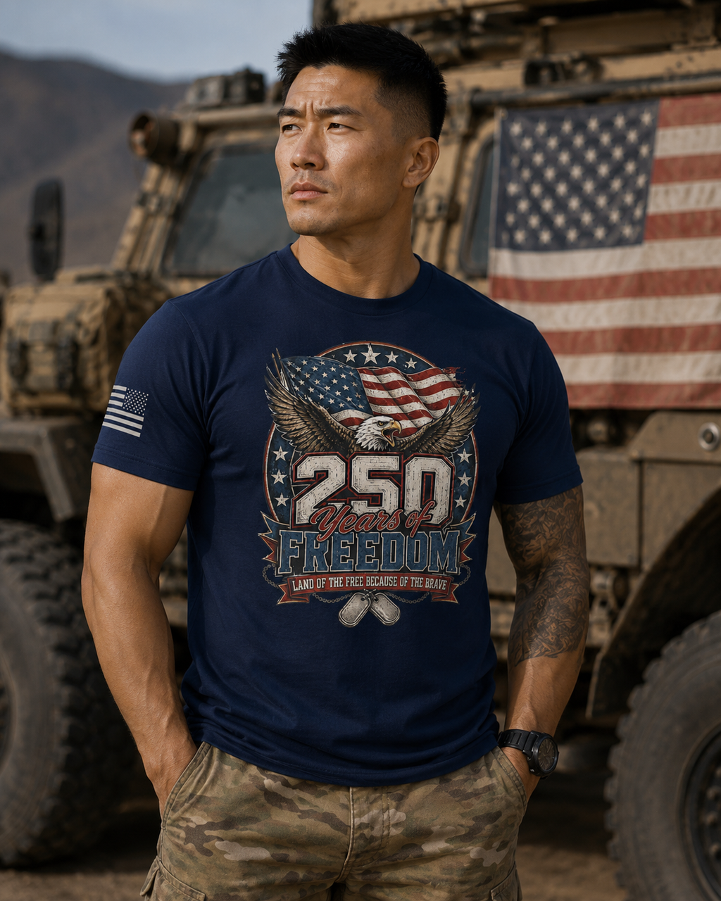 America 250 Years of Freedom Eagle & Flag T-Shirt-Land of the Free Because of the Brave