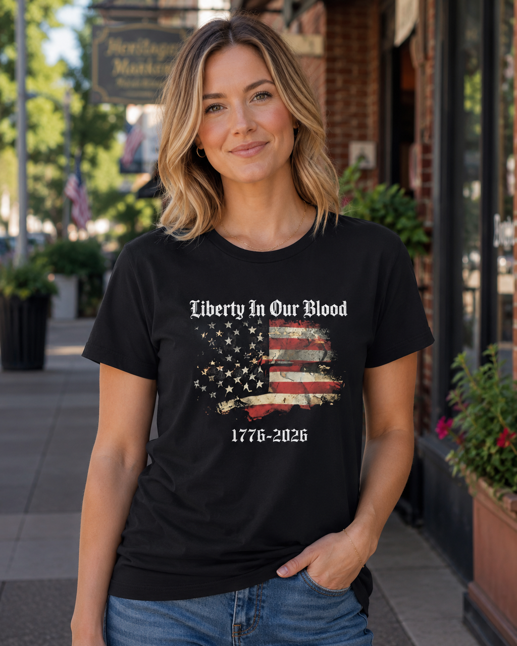 Liberty in Our Blood 1776–2026 Women’s Patriotic T-Shirt