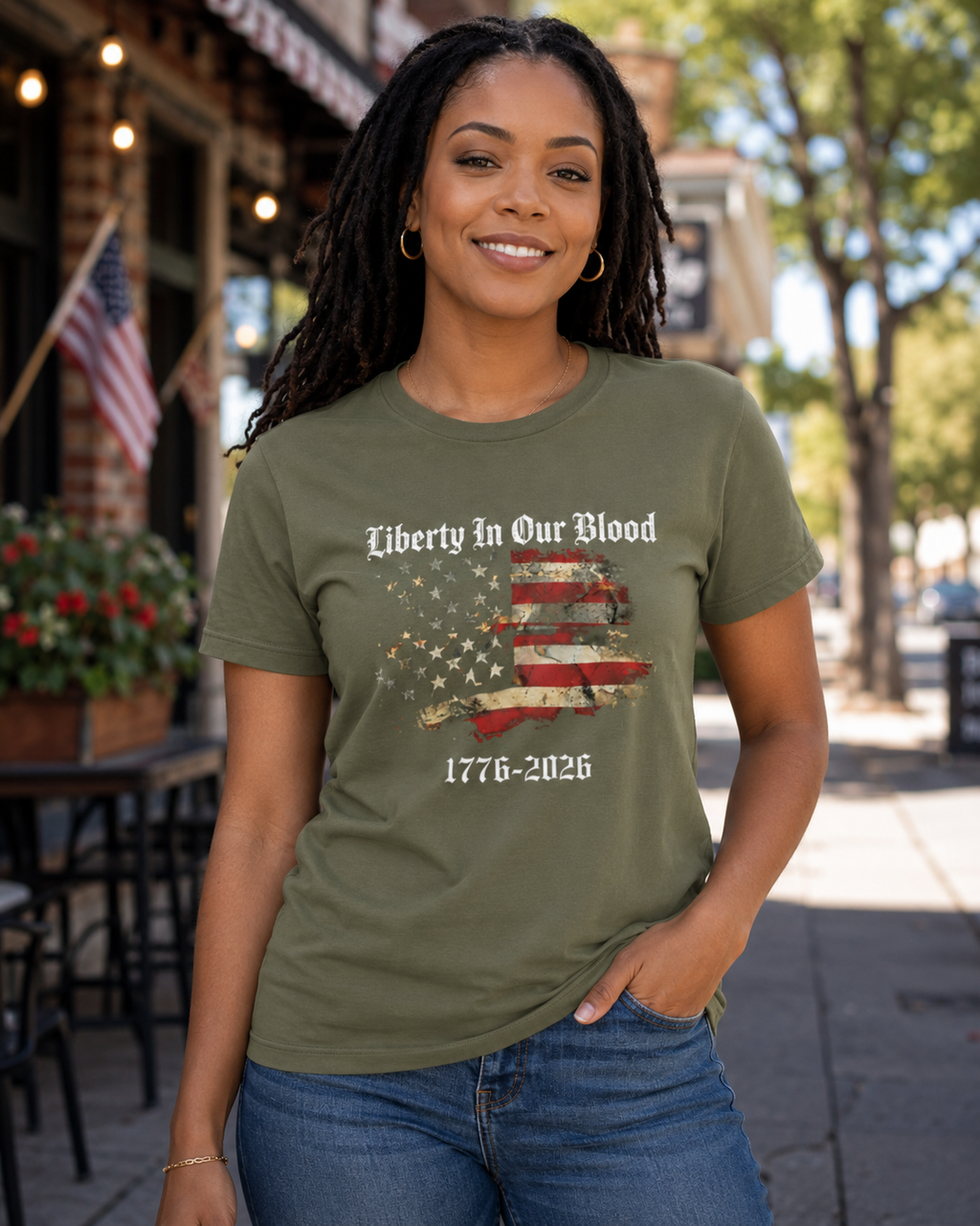 Liberty in Our Blood 1776–2026 Women’s Patriotic T-Shirt
