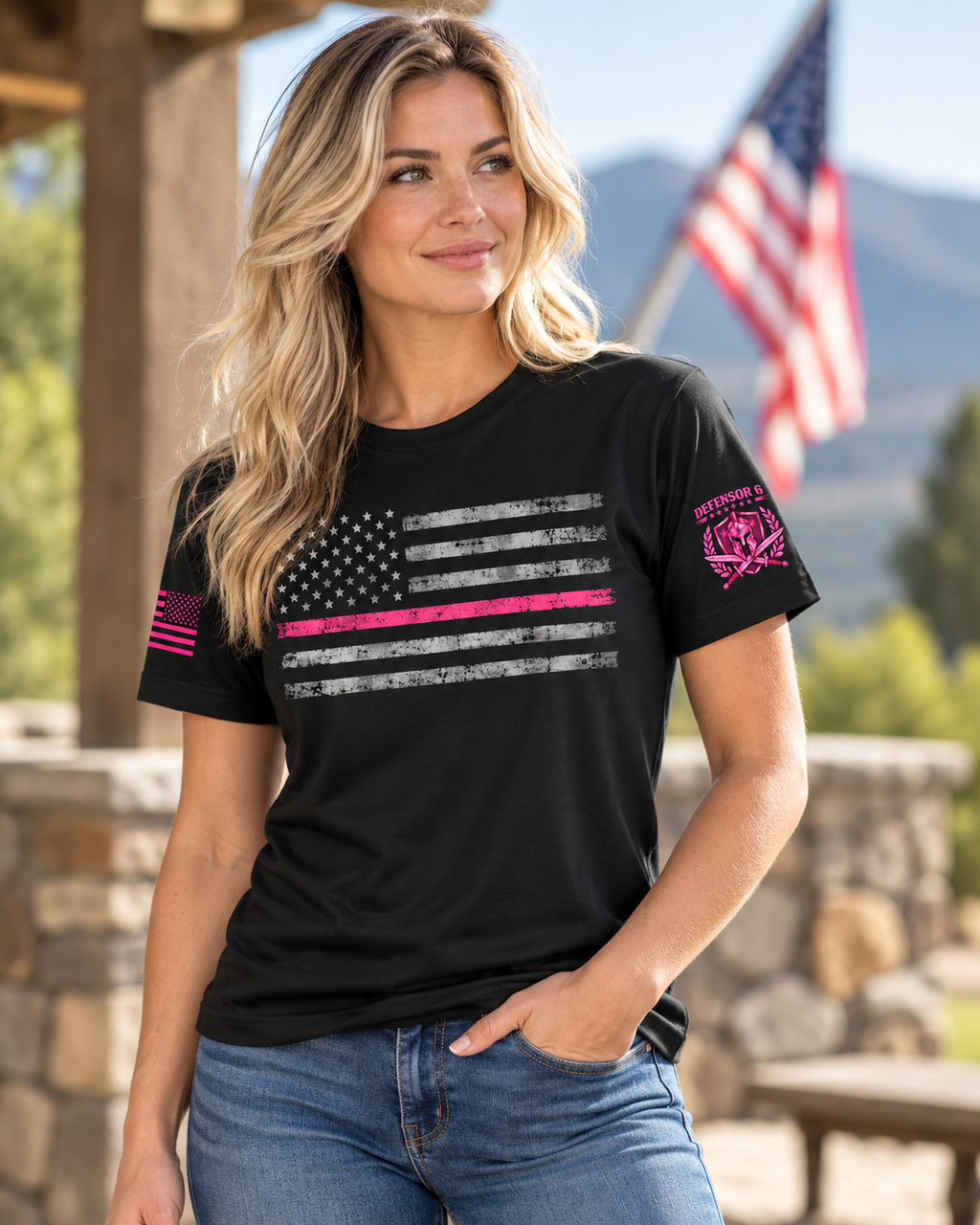 Breast Cancer Awareness Distressed American Flag Unisex T-Shirt – Thin Pink Line
