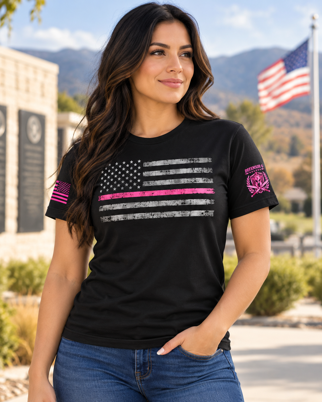 Breast Cancer Awareness Distressed American Flag Unisex T-Shirt – Thin Pink Line