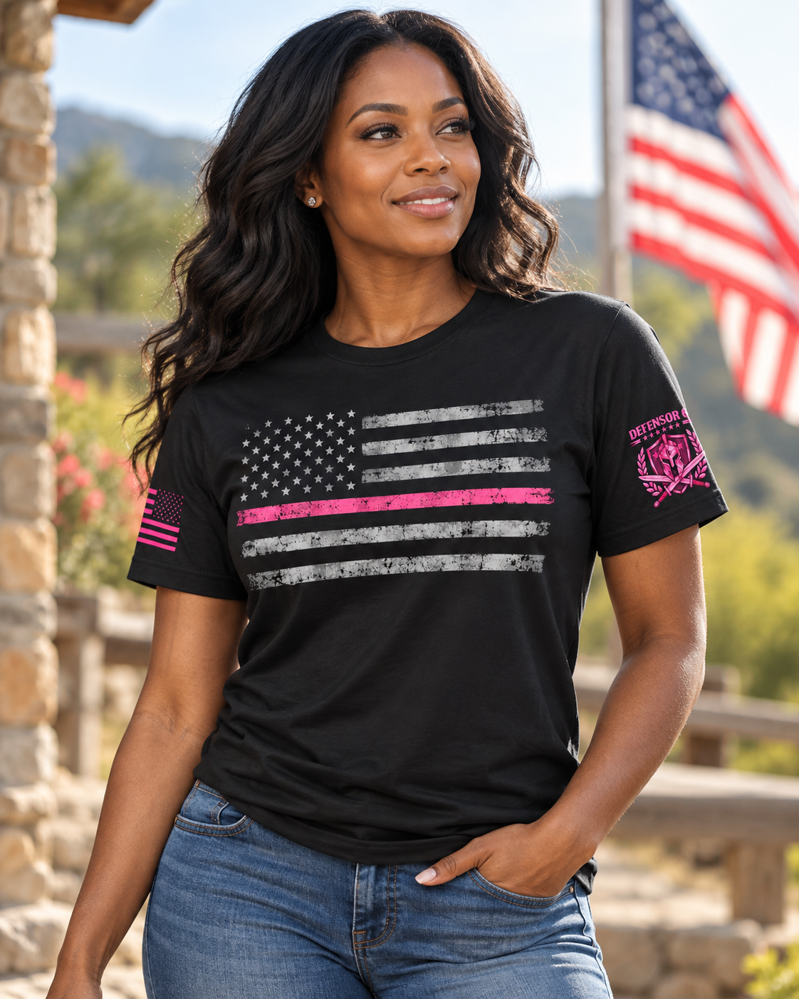 Breast Cancer Awareness Distressed American Flag Unisex T-Shirt – Thin Pink Line