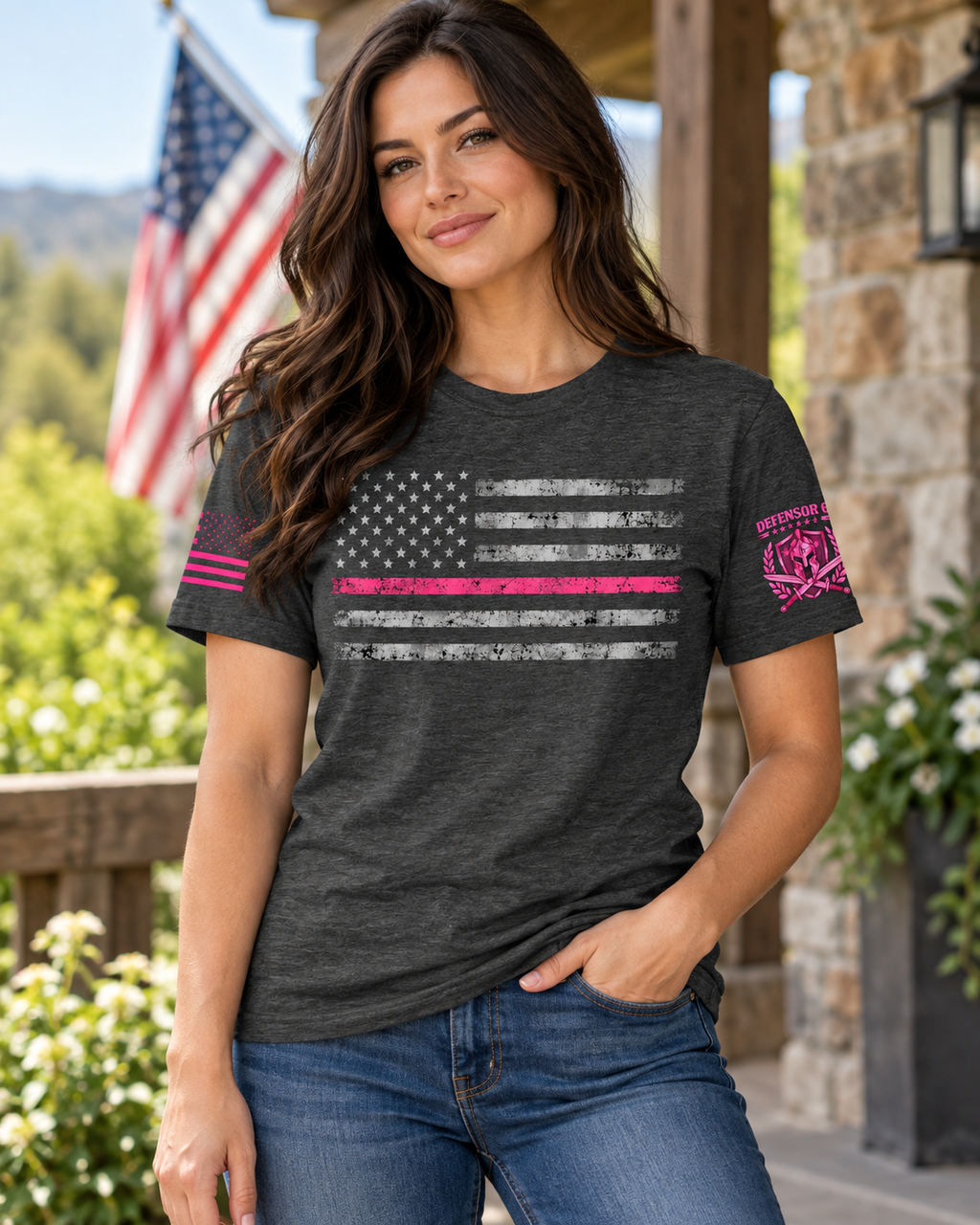 Breast Cancer Awareness Distressed American Flag Unisex T-Shirt – Thin Pink Line