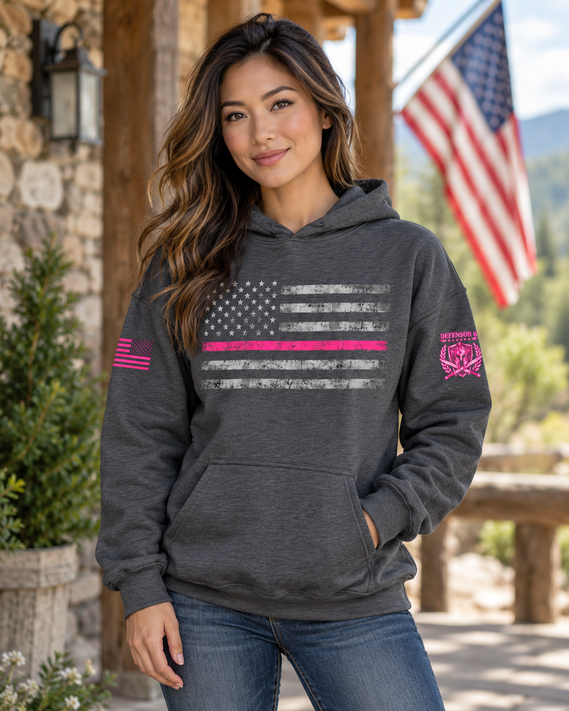 Breast Cancer Awareness Distressed American Flag Hoodie – Pink Stripe Patriotic Sweatshirt