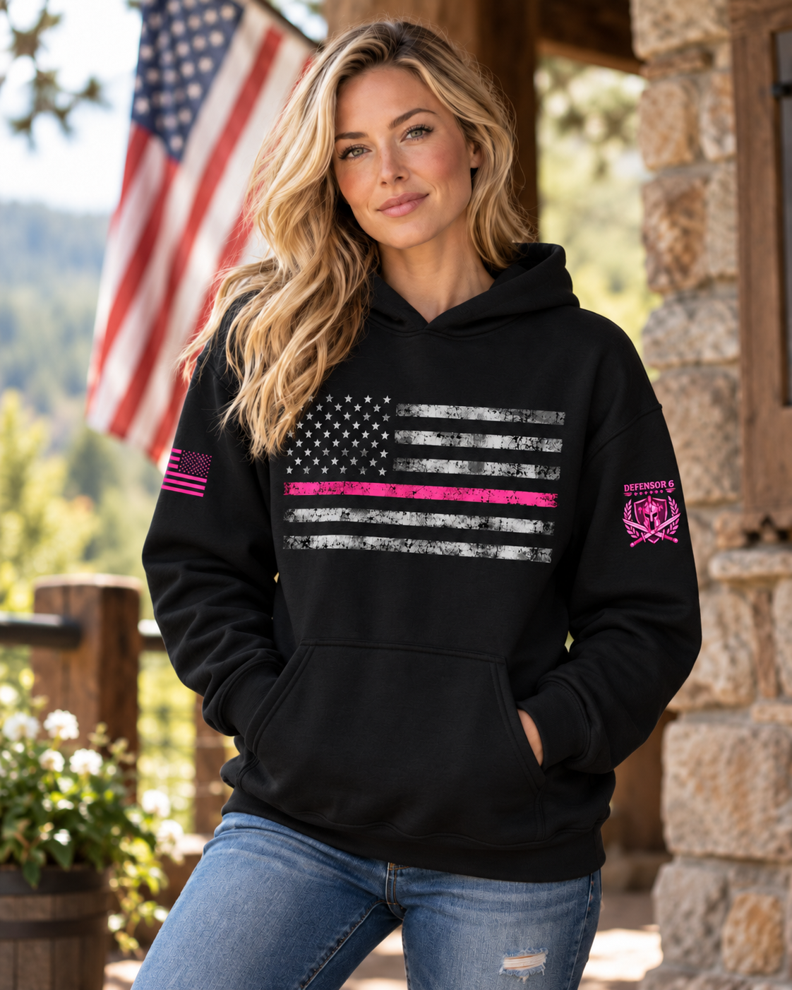 Breast Cancer Awareness Distressed American Flag Hoodie – Pink Stripe Patriotic Sweatshirt