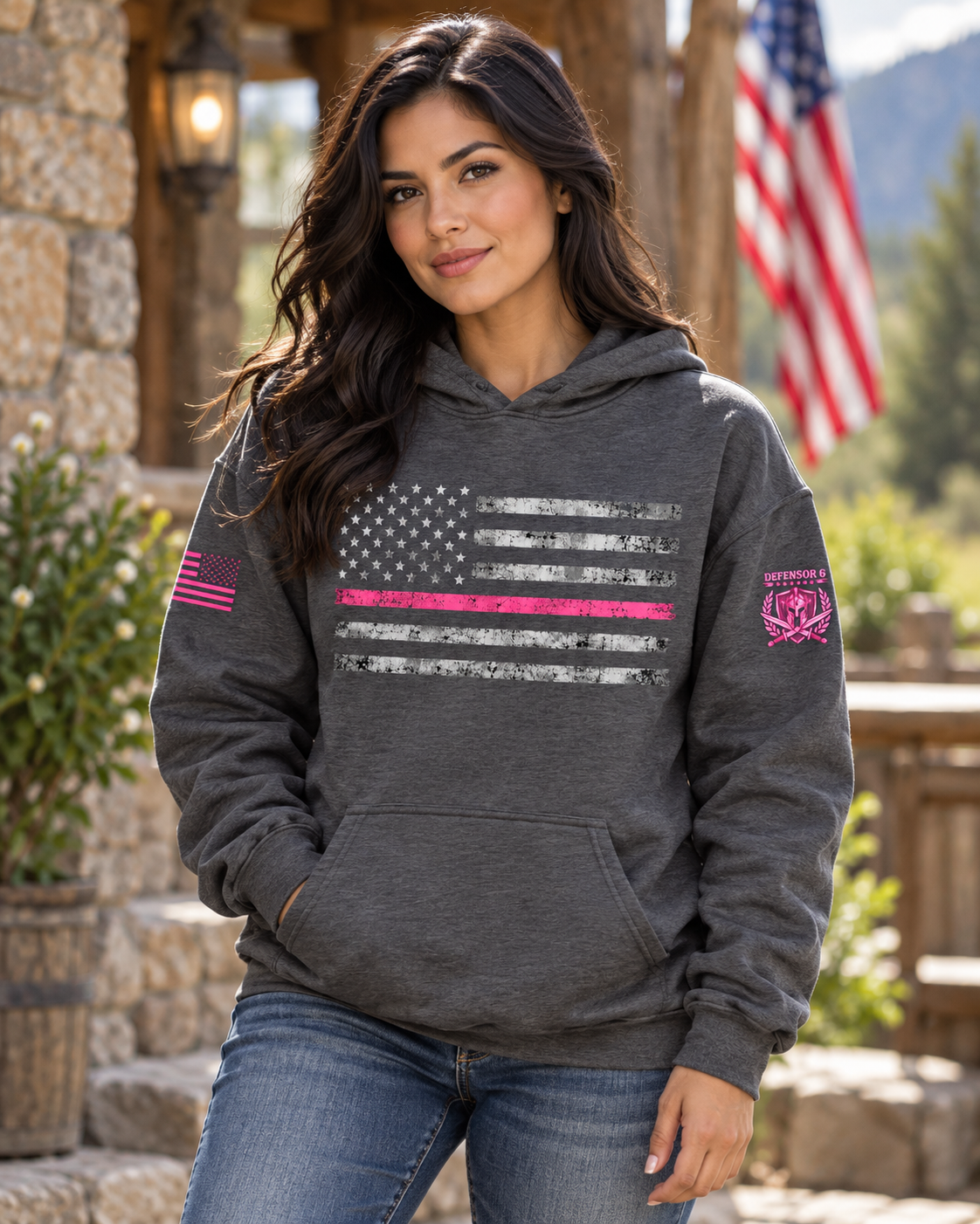 Breast Cancer Awareness Distressed American Flag Hoodie – Pink Stripe Patriotic Sweatshirt