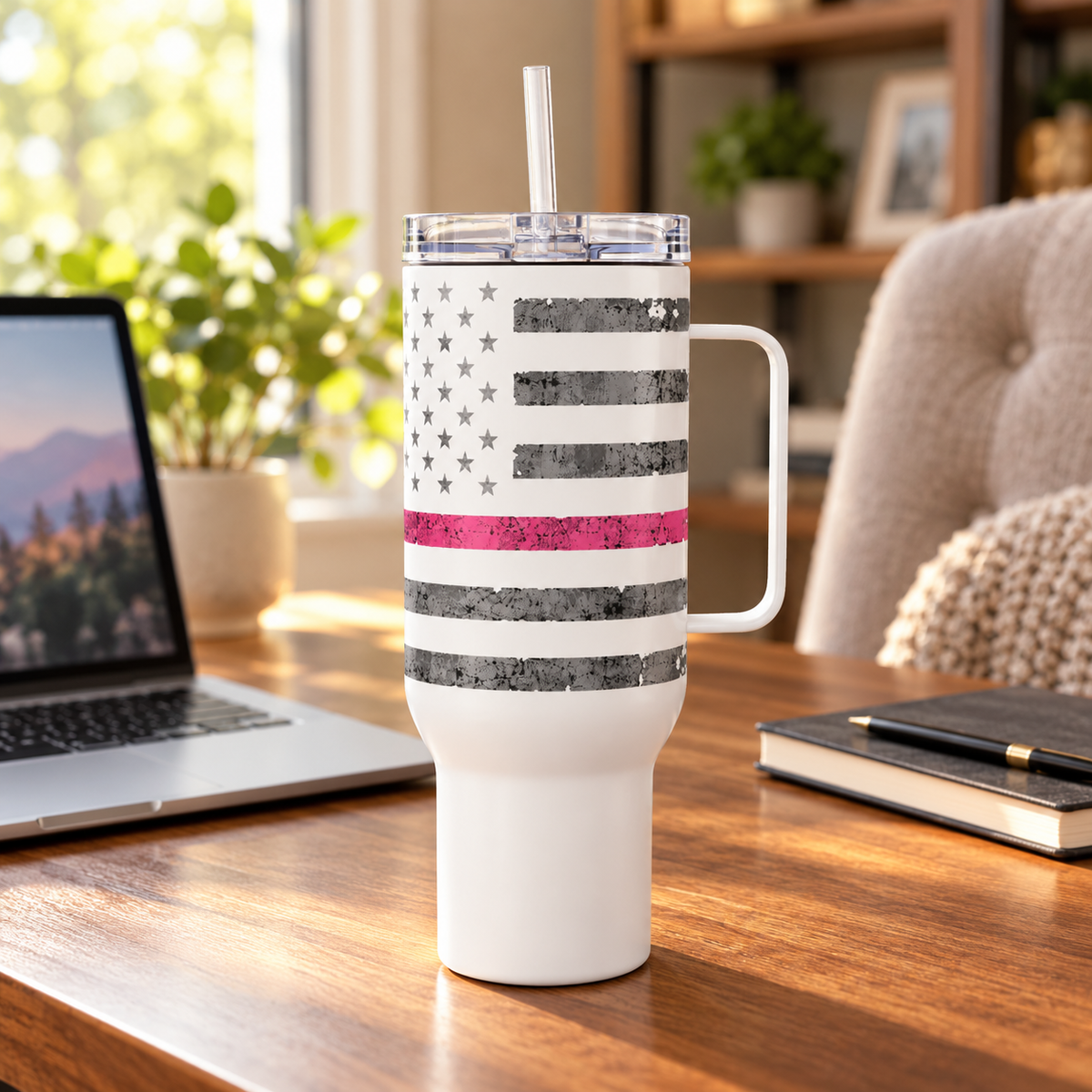 Thin Pink Line Breast Cancer Awareness Travel Mug with Handle