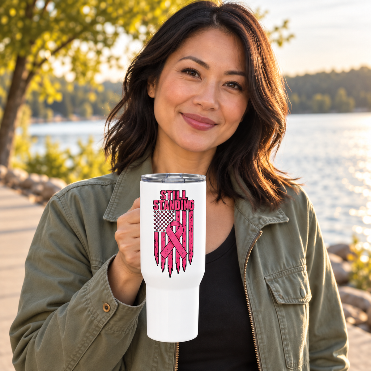 Still Standing Breast Cancer Awareness Travel Mug with Handle