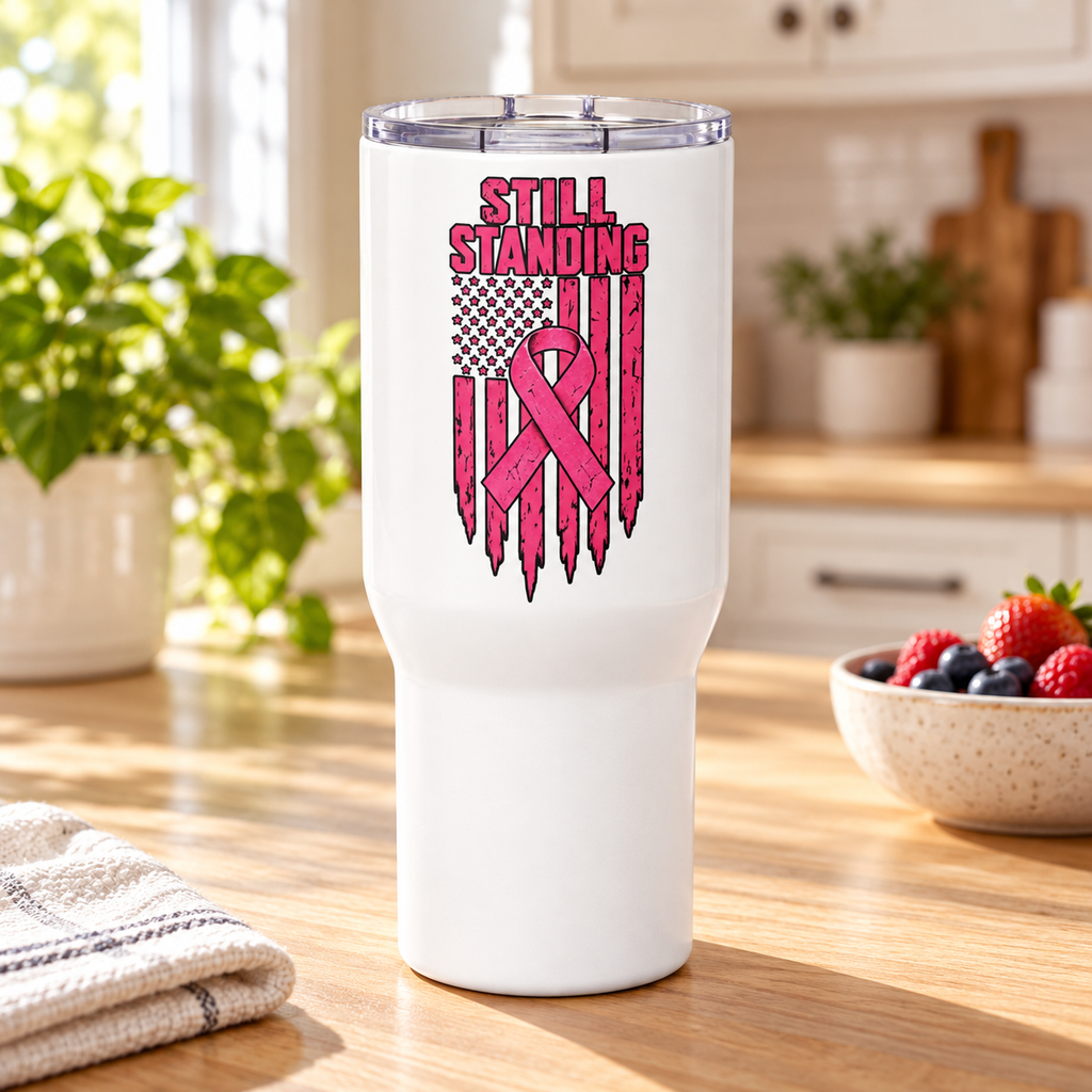 Still Standing Breast Cancer Awareness Travel Mug with Handle
