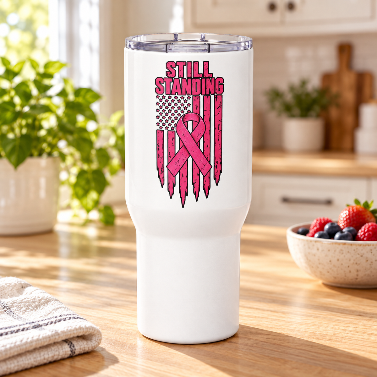 Still Standing Breast Cancer Awareness Travel Mug with Handle