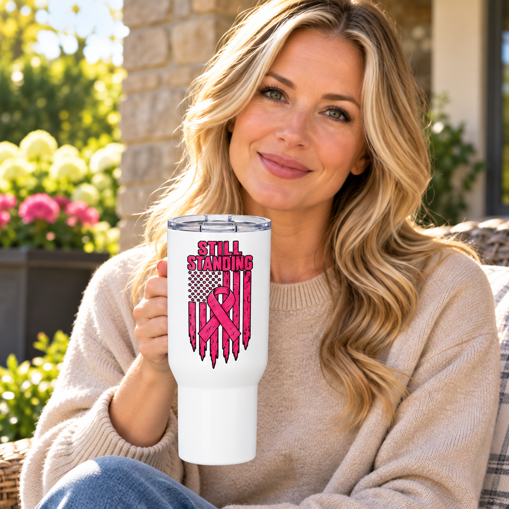 Still Standing Breast Cancer Awareness Travel Mug with Handle