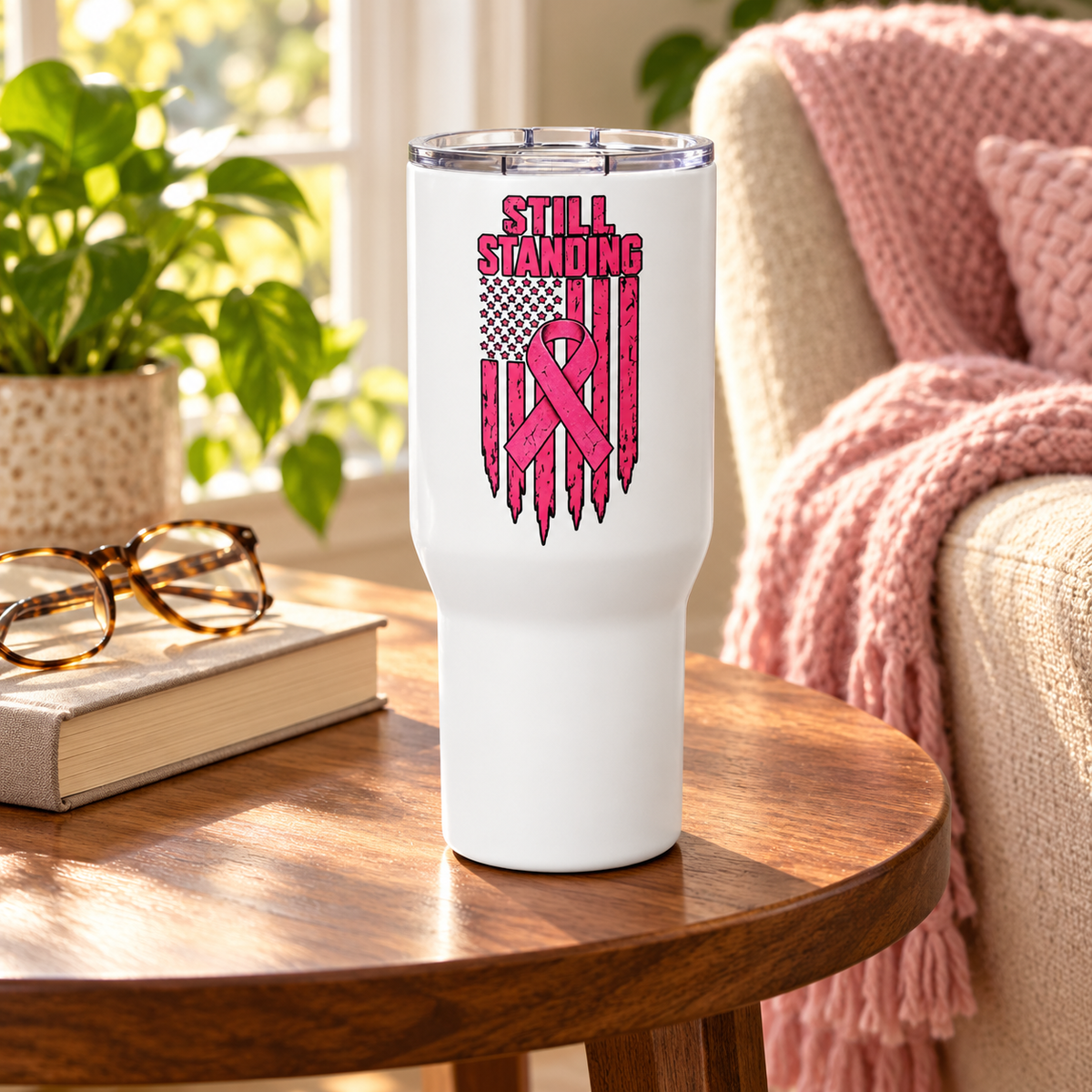Still Standing Breast Cancer Awareness Travel Mug with Handle
