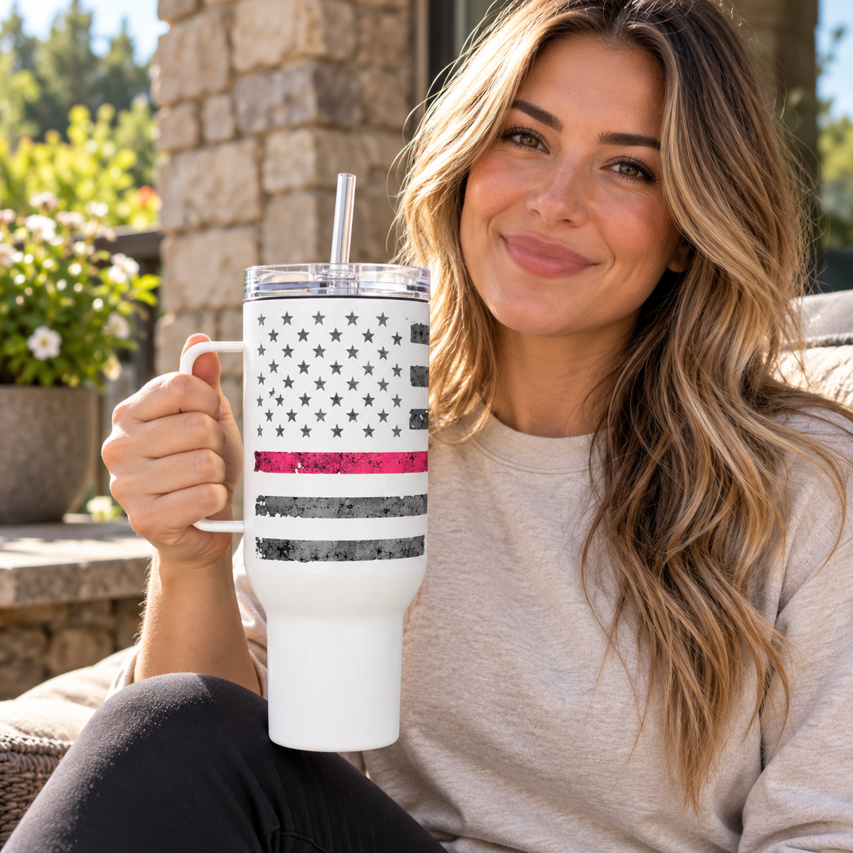 Thin Pink Line Breast Cancer Awareness Travel Mug with Handle
