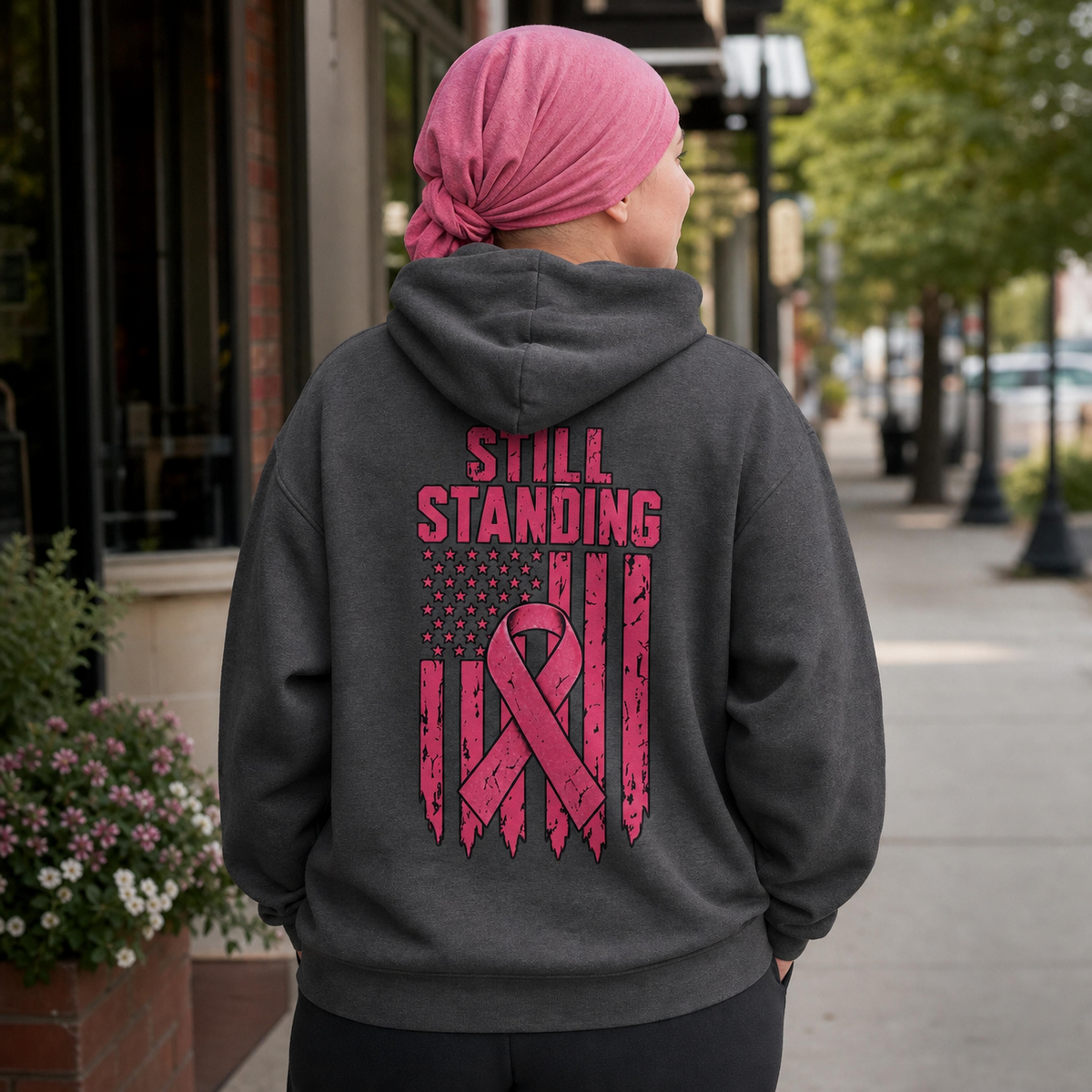Still Standing Breast Cancer Awareness Zip-Up Hoodie – Dark Heather