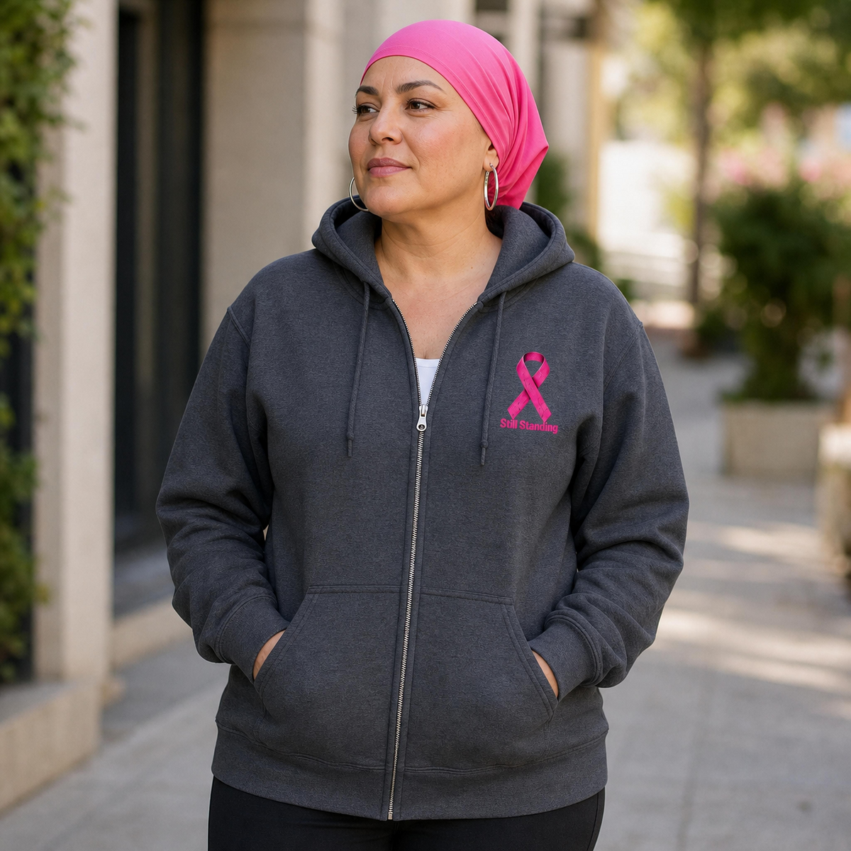 Still Standing Breast Cancer Awareness Zip-Up Hoodie – Dark Heather