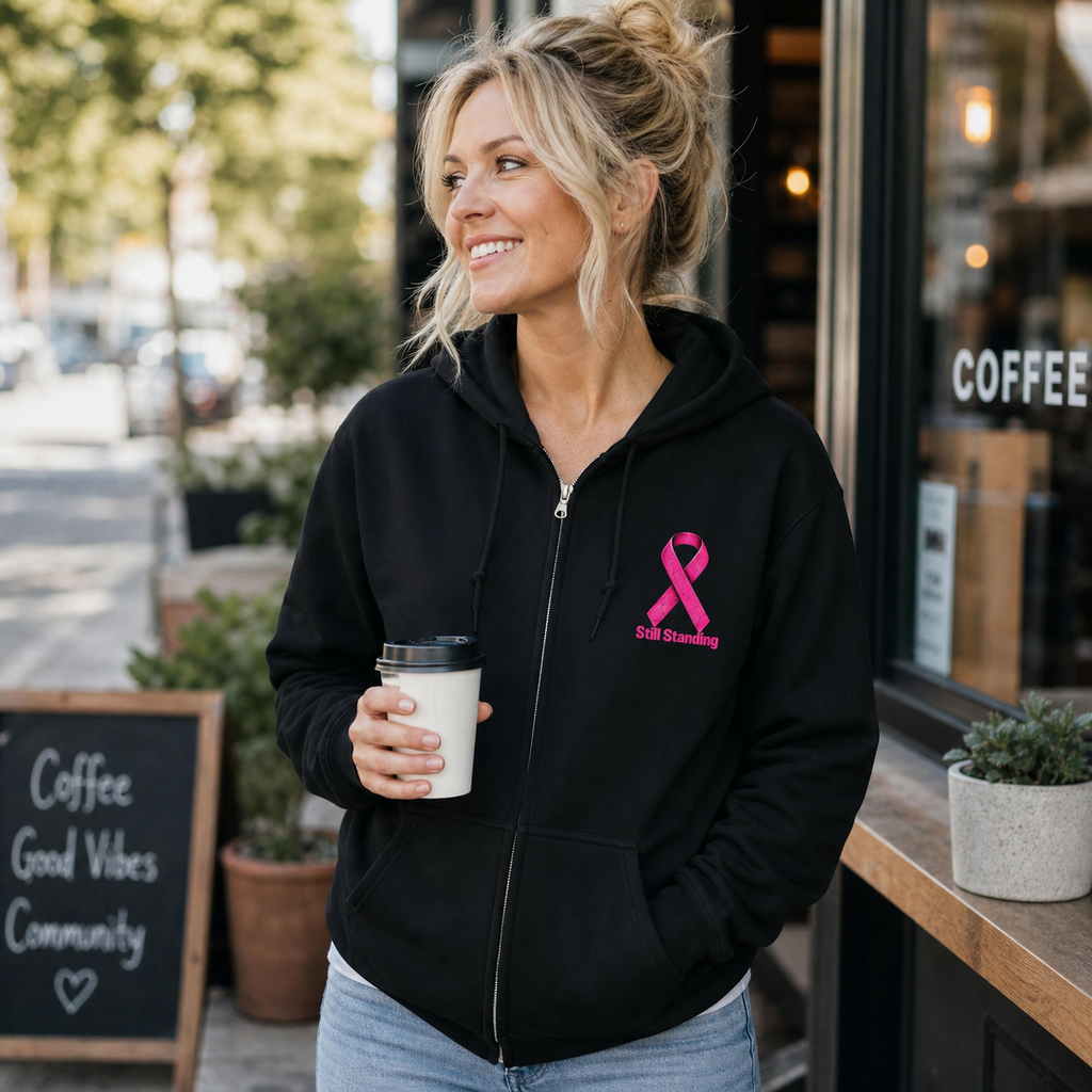 Still Standing Breast Cancer Awareness Zip-Up Hoodie – Dark Heather