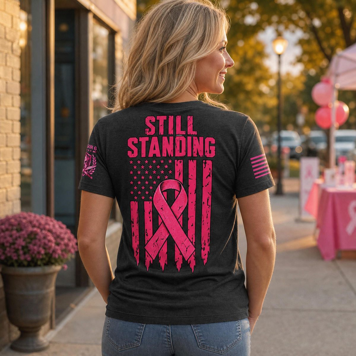 Still Standing Breast Cancer Awareness Women’s V-Neck T-Shirt – Black & Dark Heather Grey