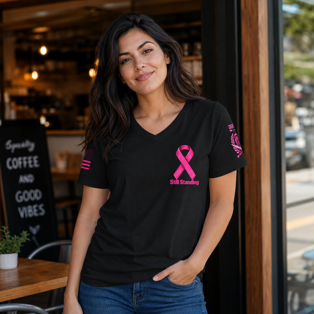 Still Standing Breast Cancer Awareness Women’s V-Neck T-Shirt – Black & Dark Heather Grey