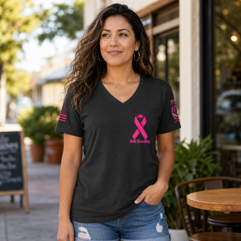 Still Standing Breast Cancer Awareness Women’s V-Neck T-Shirt – Black & Dark Heather Grey