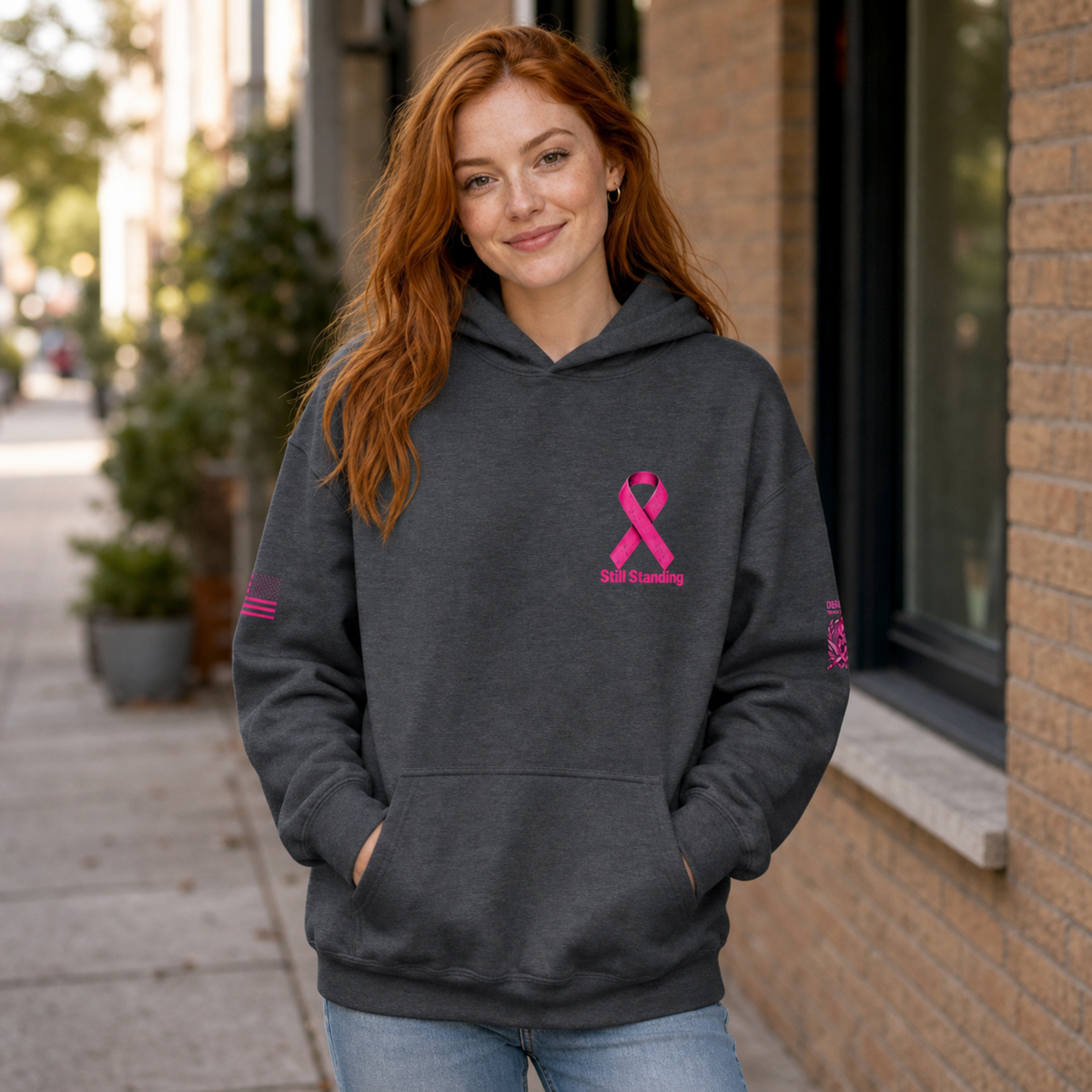 Still Standing Breast Cancer Awareness Hoodie – Pink Ribbon Distressed American Flag