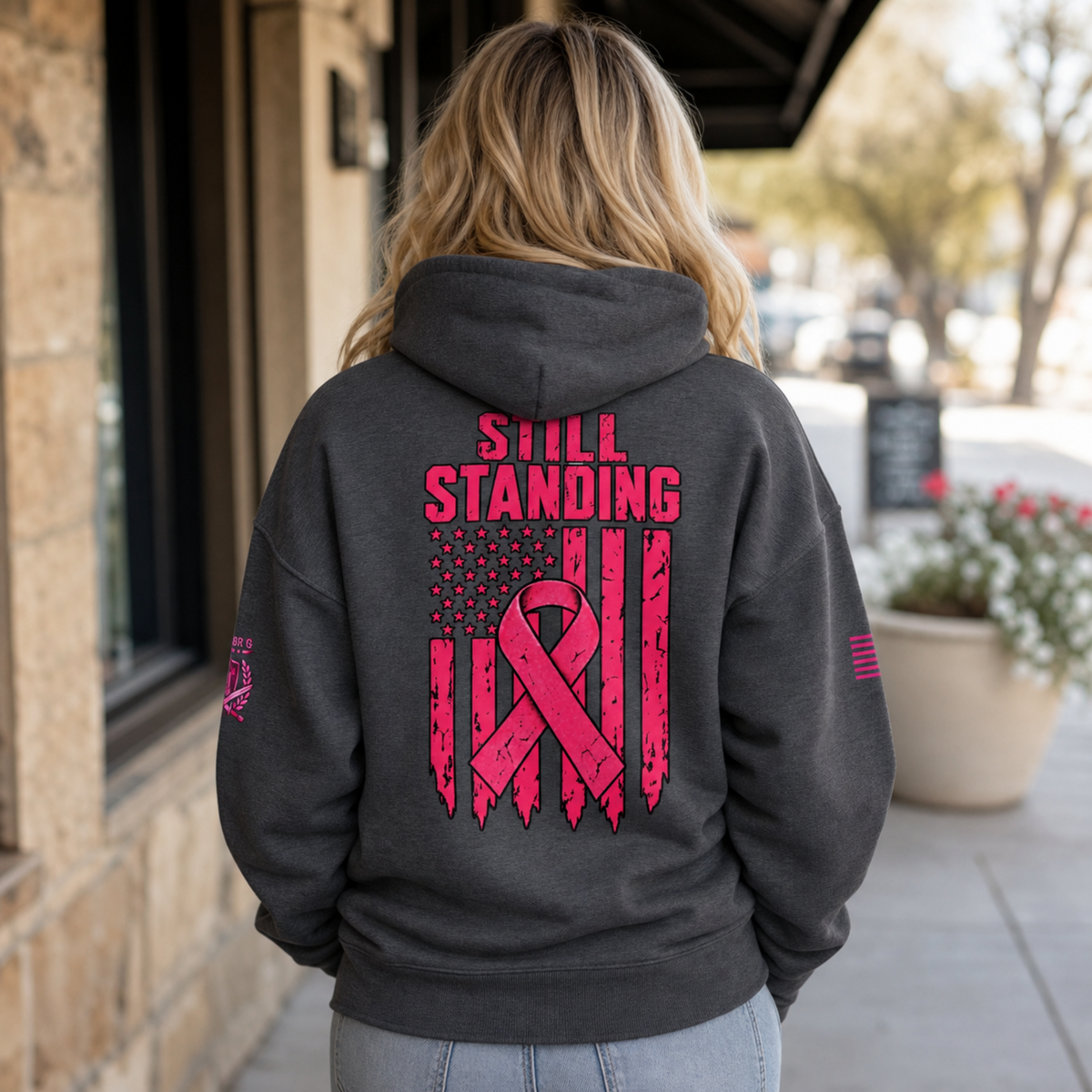 Still Standing Breast Cancer Awareness Hoodie – Pink Ribbon Distressed American Flag