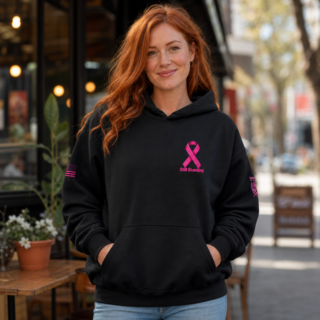 Still Standing Breast Cancer Awareness Hoodie – Pink Ribbon Distressed American Flag
