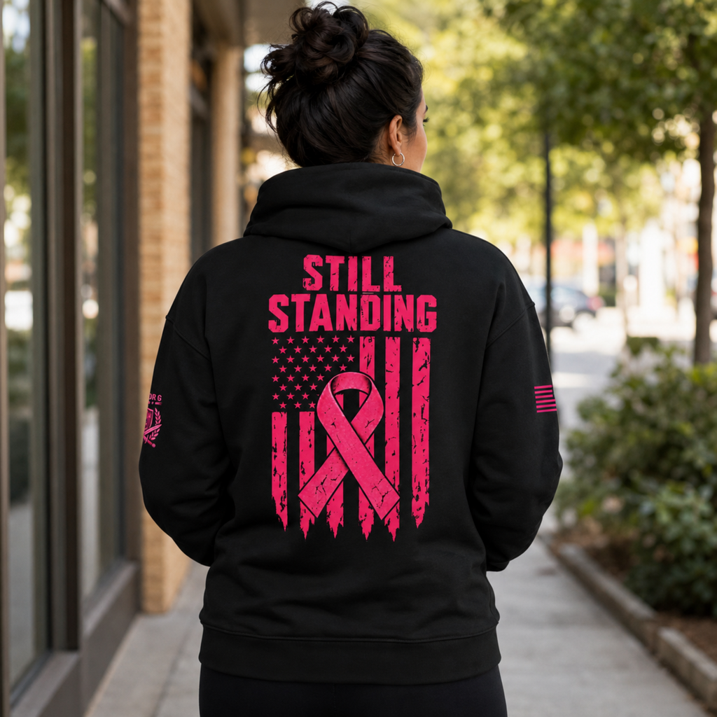 Still Standing Breast Cancer Awareness Hoodie – Pink Ribbon Distressed American Flag