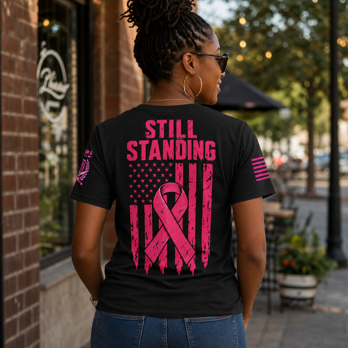 Still Standing Breast Cancer Awareness Women’s V-Neck T-Shirt – Black & Dark Heather Grey