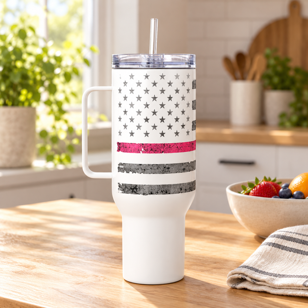 Thin Pink Line Breast Cancer Awareness Travel Mug with Handle