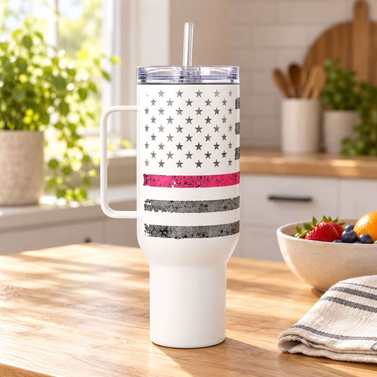 Thin Pink Line Breast Cancer Awareness Travel Mug with Handle